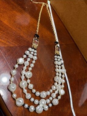 Chico’s Gold and Black Accent White Pearl Multi-Strand Necklace